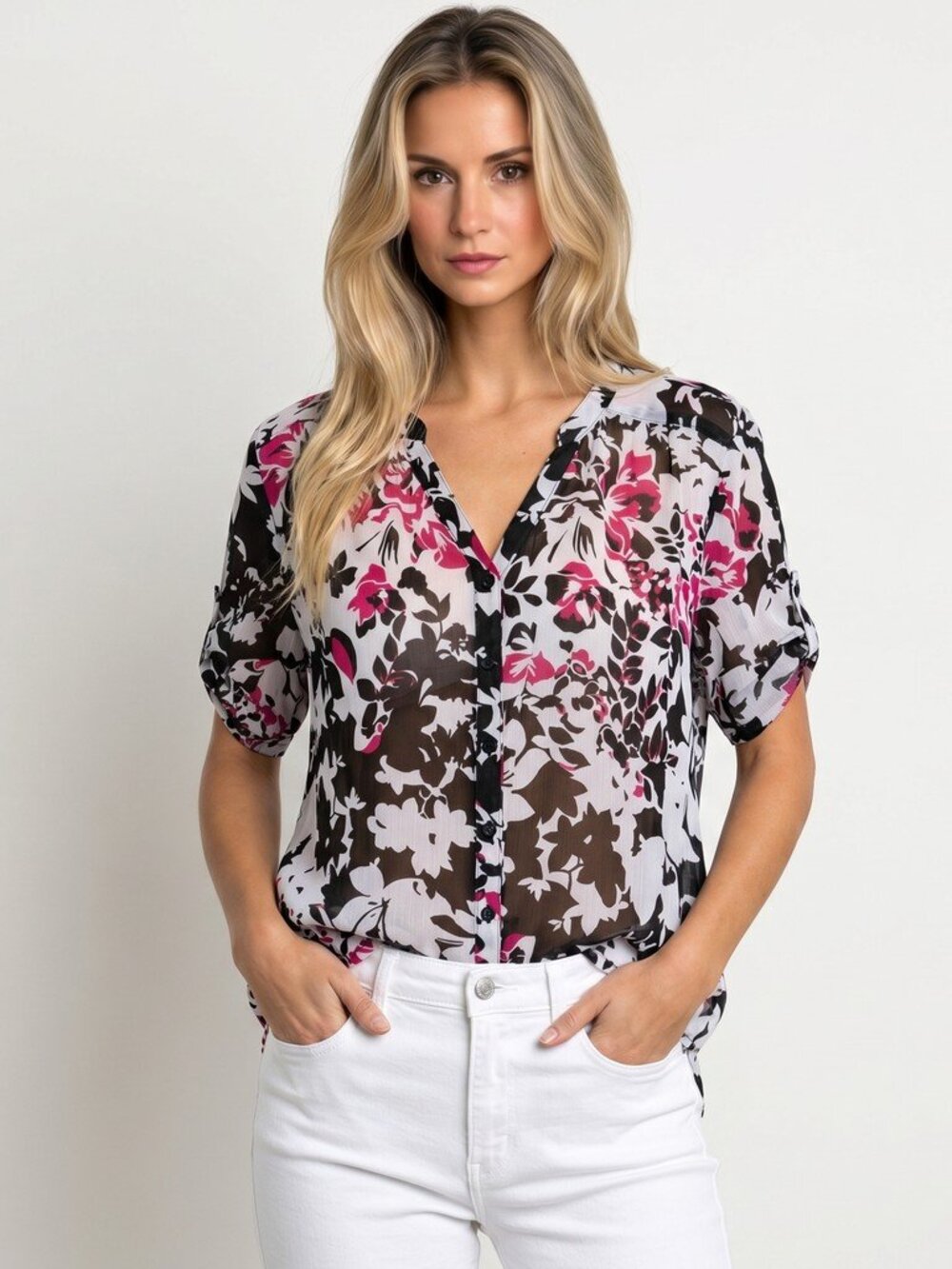DressBarn Floral Chiffon Blouse Women’s XL White Black Red Sheer Tunic Top